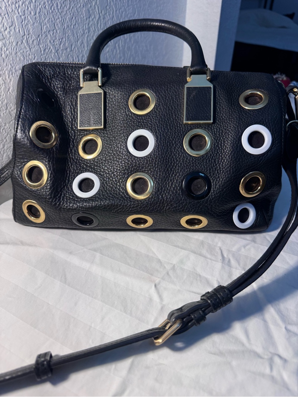 Rebecca Minkoff Black Leather Satchel with Gold and White Grommet Accents
